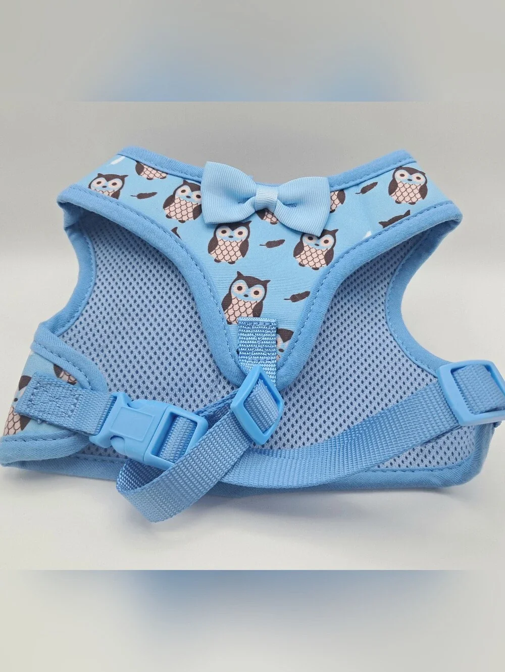 Cute Blue Owl Print Bowtie Pet Harness with 4 ft Leash Small Dog Cat 10